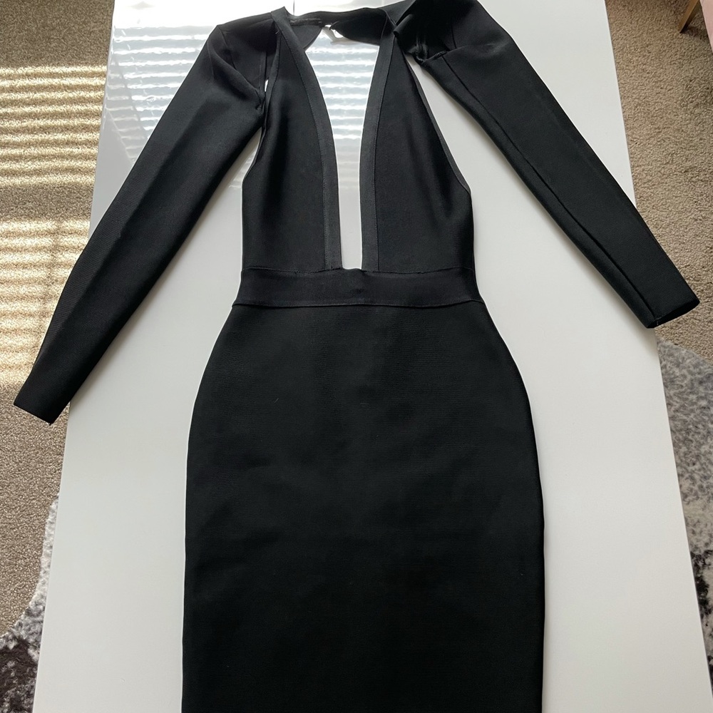 Femme LA deep plunge halter dress with sleeves